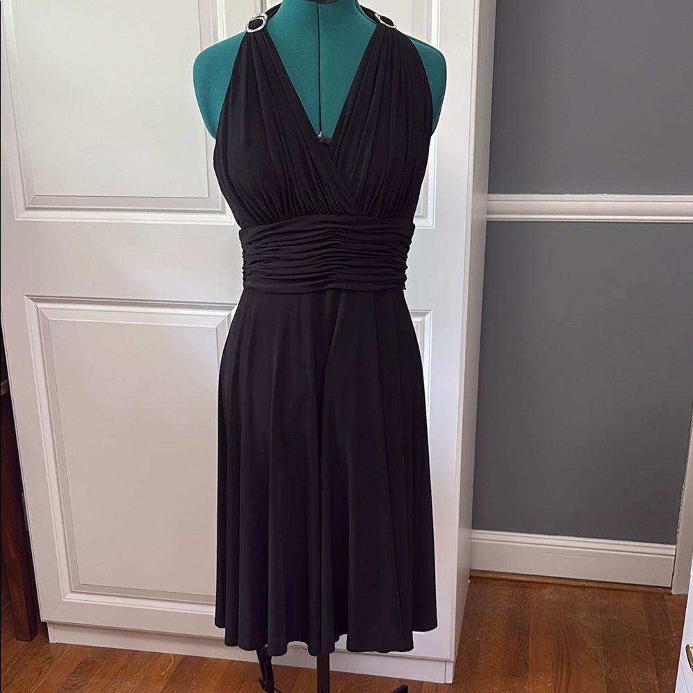 Evan Picone Black Dress Womens Size 8 Ruched Waist Rhinestone Hardware